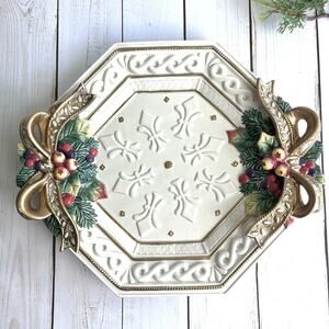 Fitz & Floyd Snowy Woods 12.75" Octagonal Platter Bows Fruit Fleur De Lis Gold